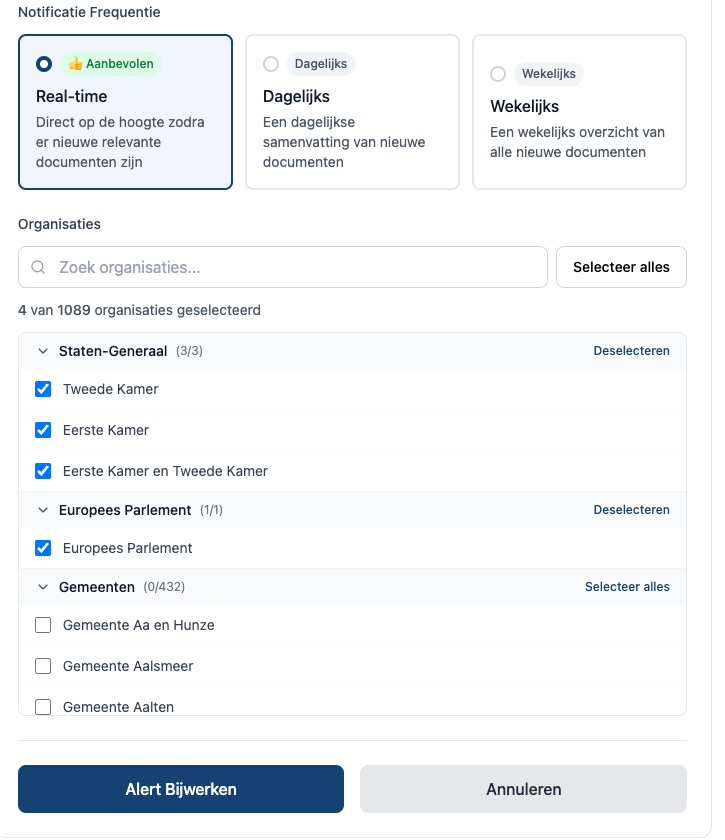 Selecteer specifieke organisaties voor je BeleidsRadar alerts
