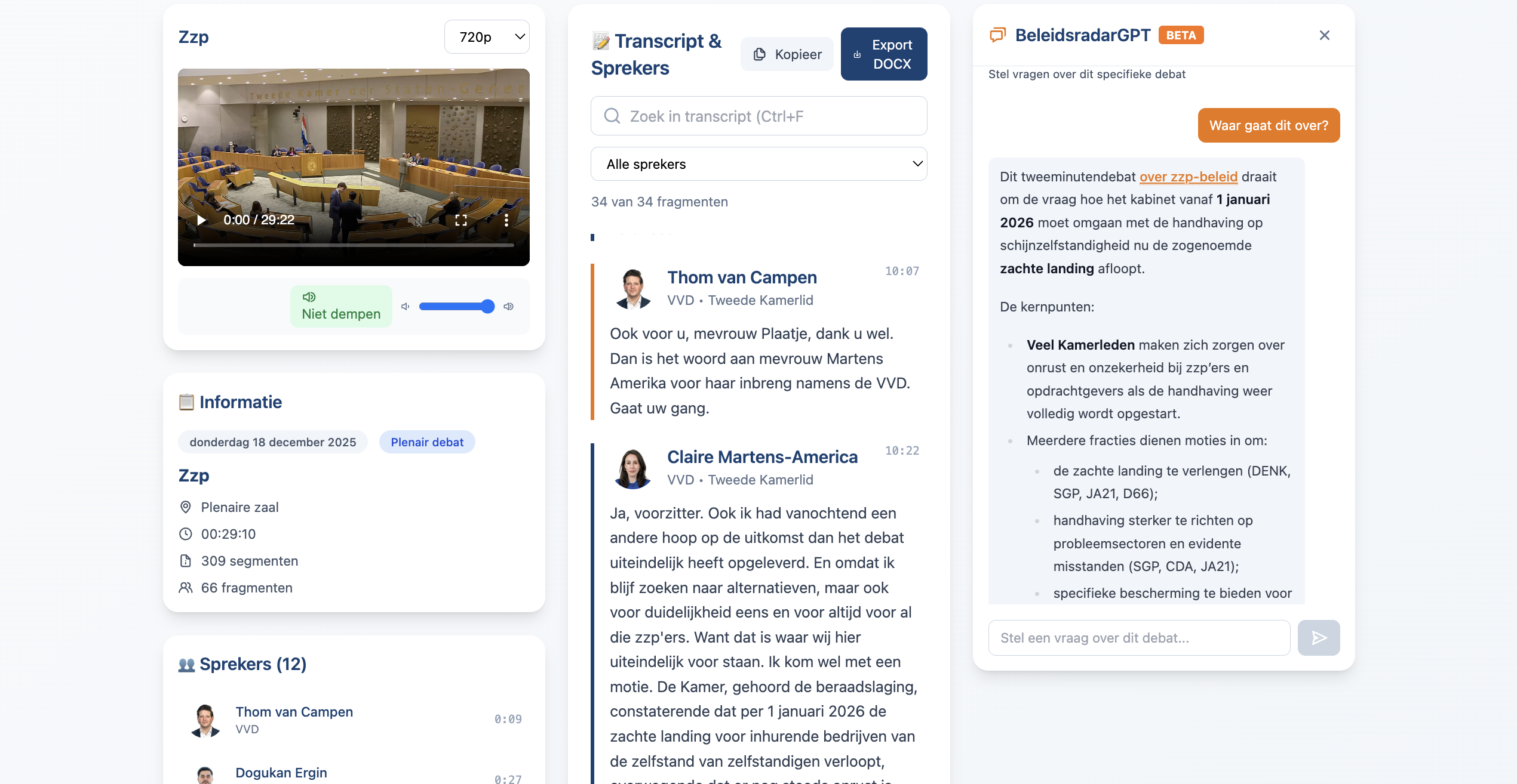 Zoeken binnen debat transcripties in BeleidsRadar
