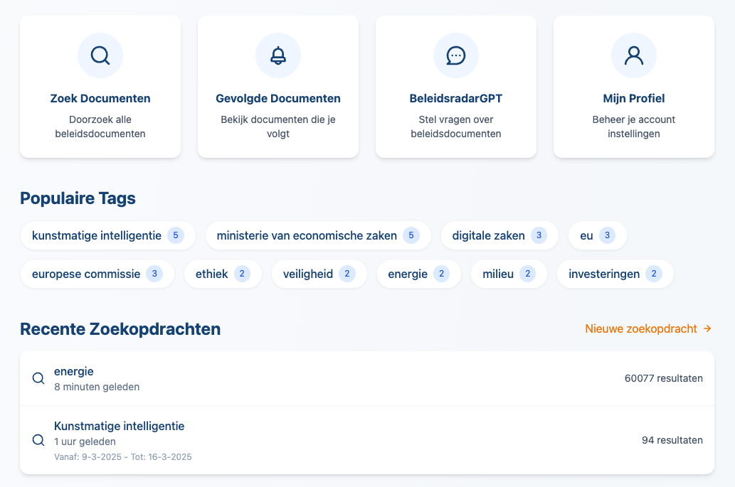 Nieuwe BeleidsRadar homepage dashboard