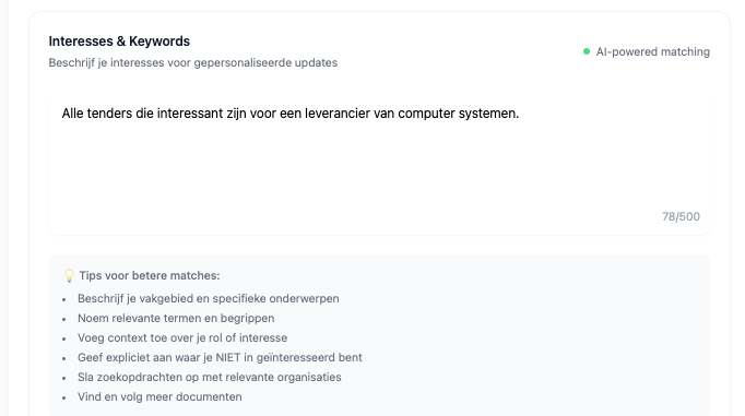 AI-assistent instellingen voor TenderNed