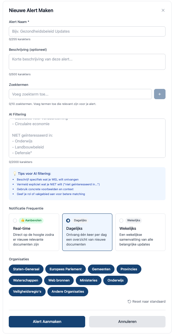 Nieuwe alert aanmaken in BeleidsRadar