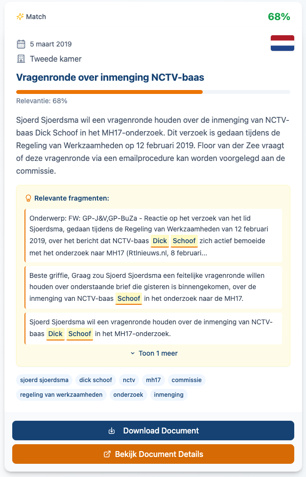 Zoekresultaat met highlighting voor Dick Schoof en NCTV