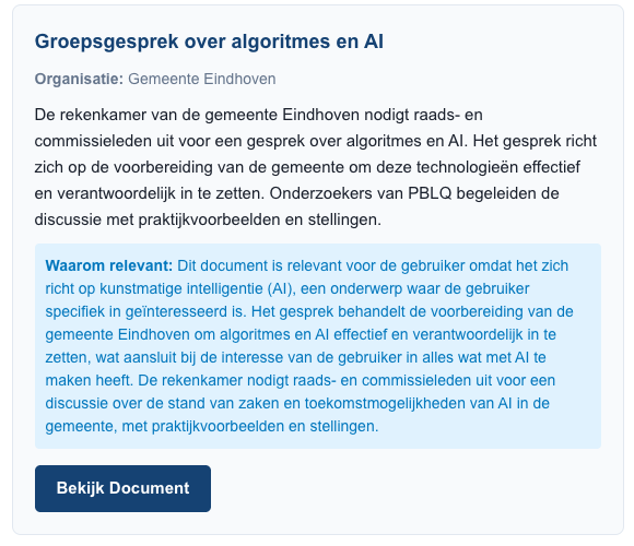 AI uitleg waarom documenten relevant zijn in BeleidsRadar alerts